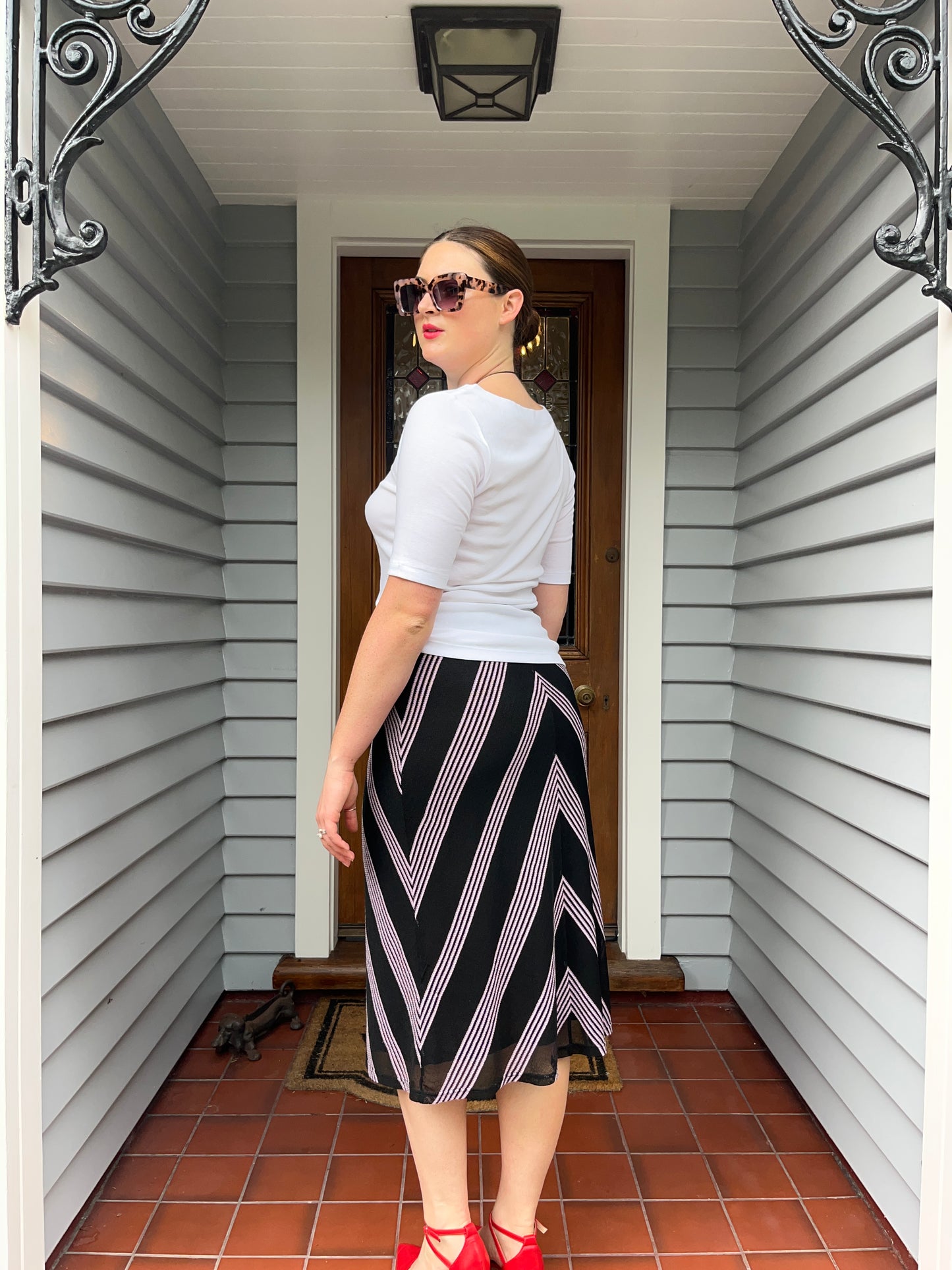 Purple Striped Midi Skirt | Size 10-12