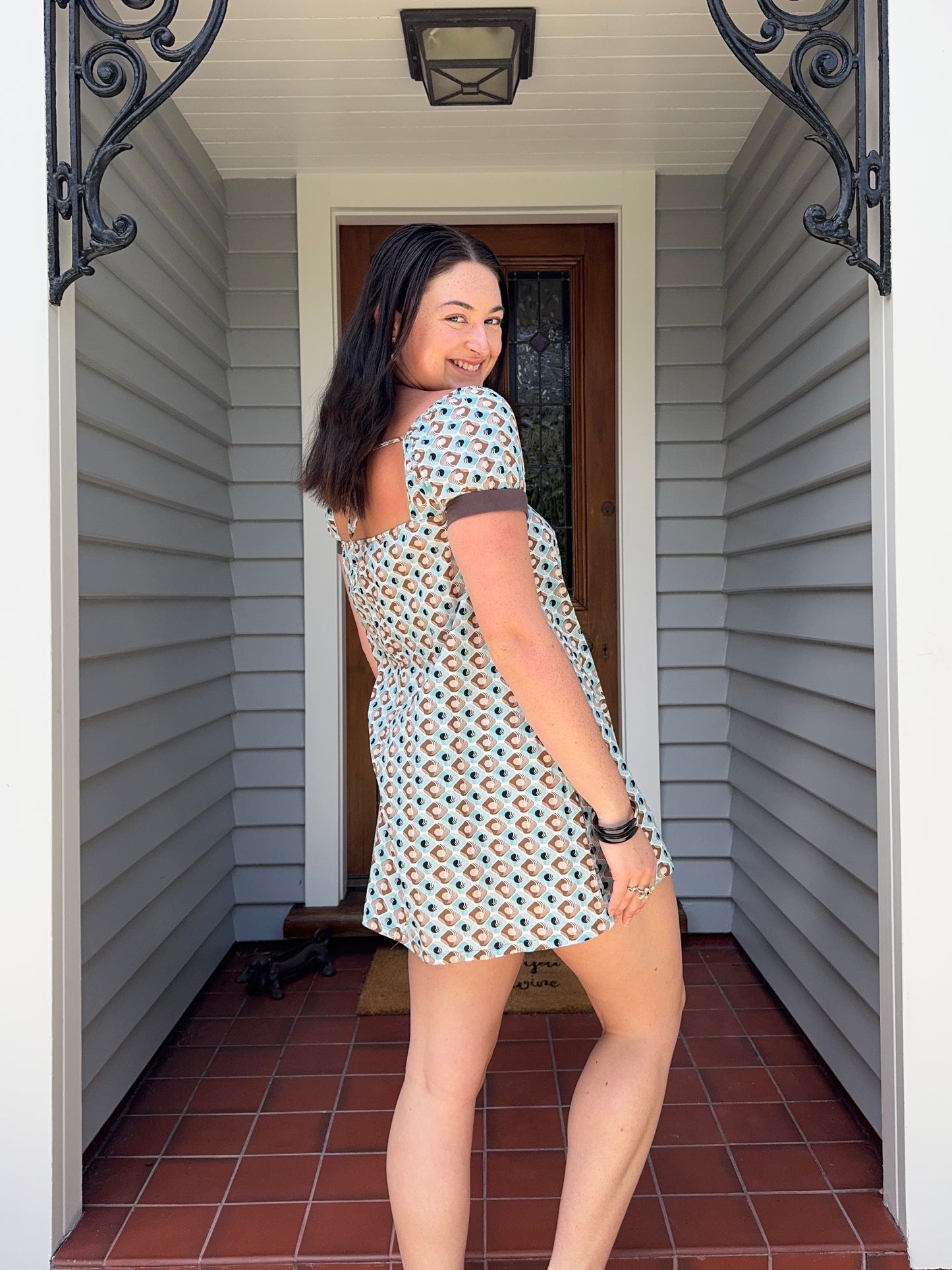 Blue + Brown Patterned Mini Dress | Size S