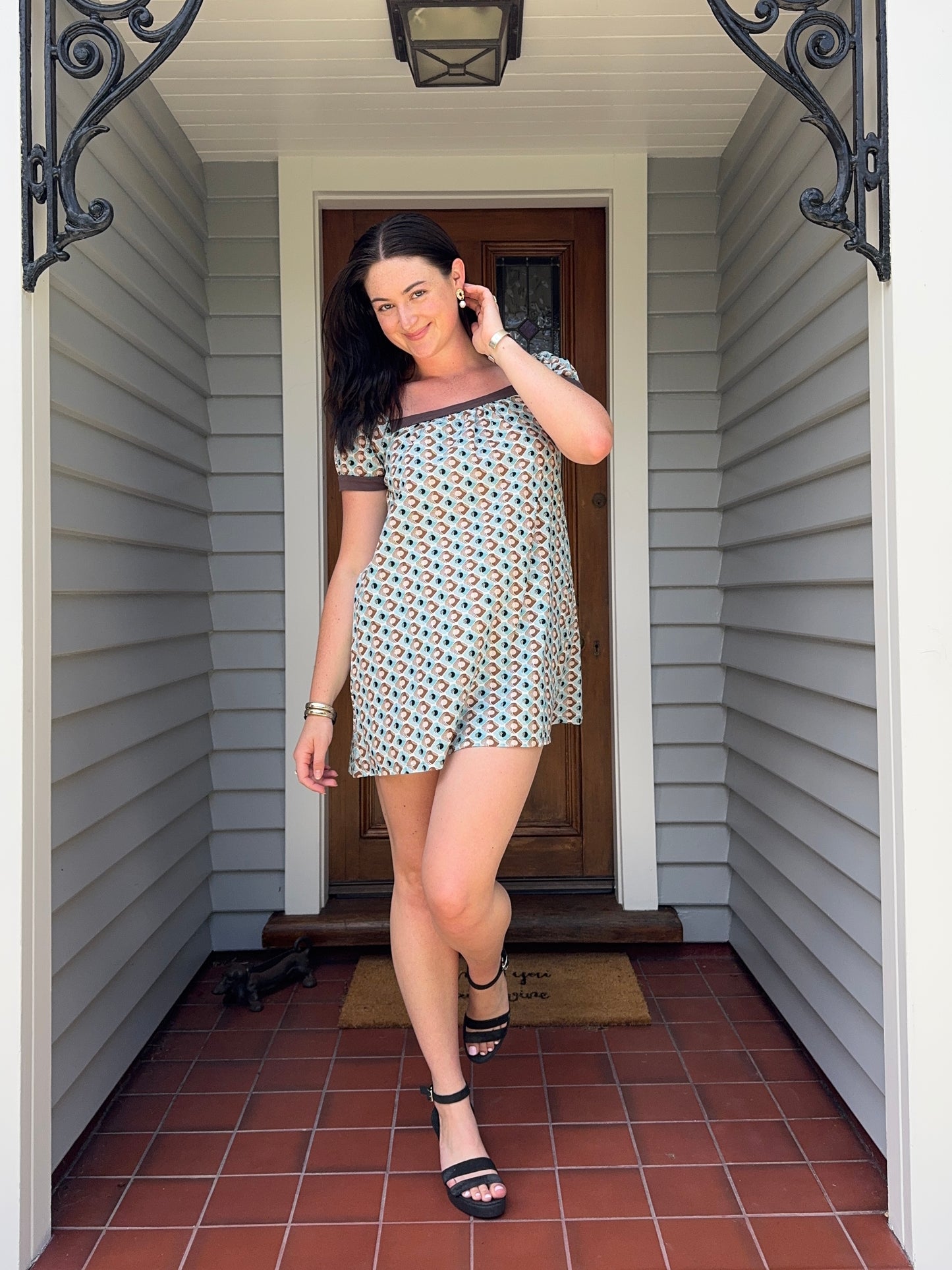 Blue + Brown Patterned Mini Dress | Size S