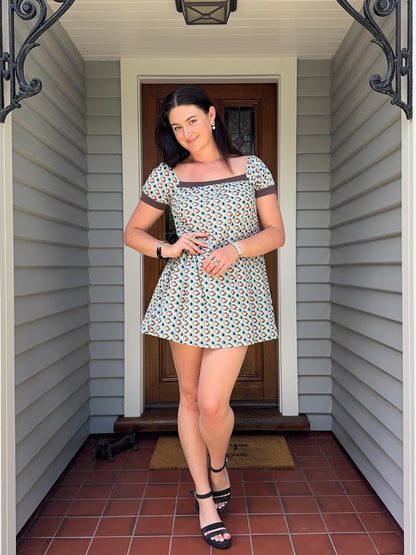 Blue + Brown Patterned Mini Dress | Size S