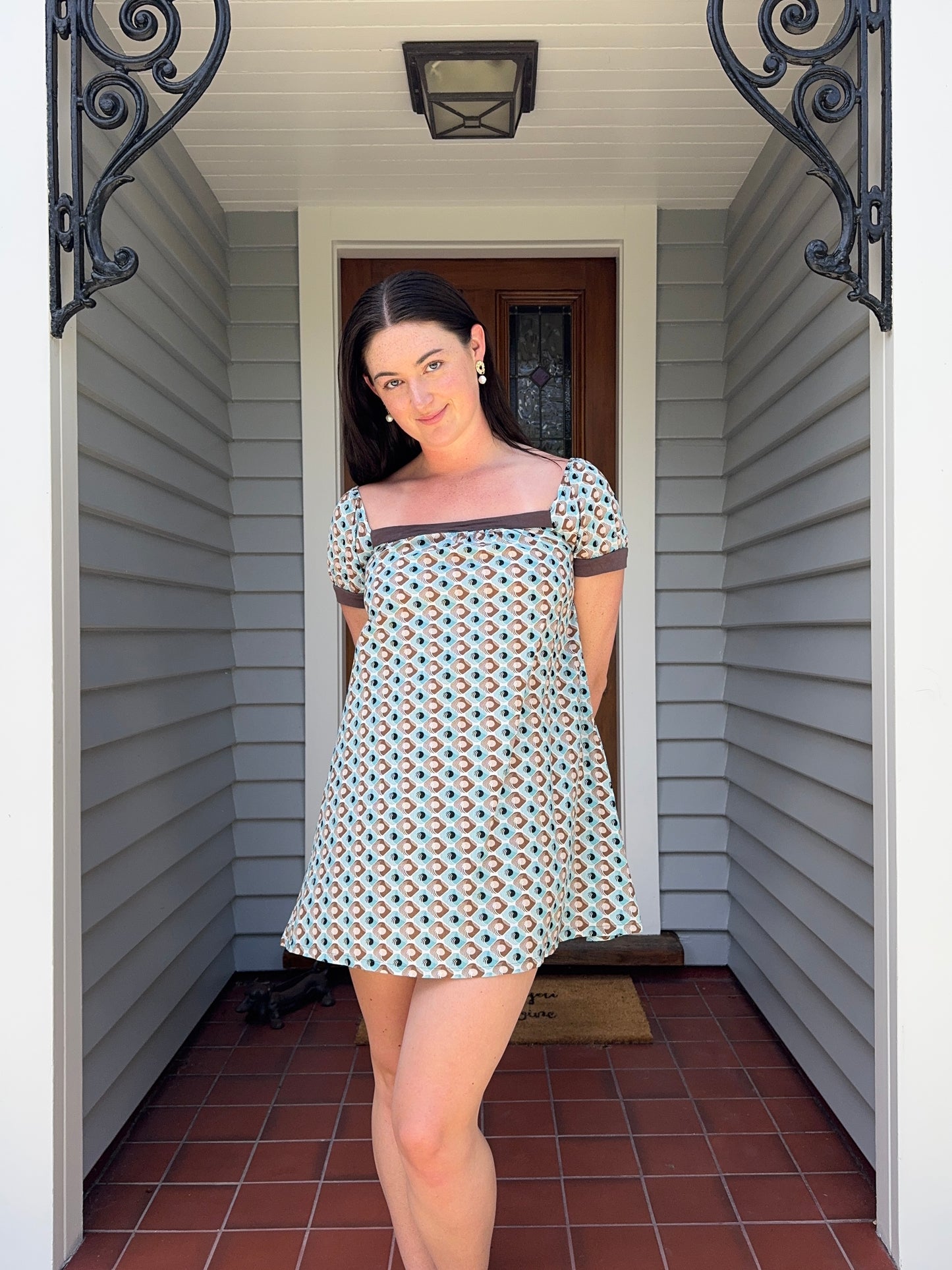 Blue + Brown Patterned Mini Dress | Size S