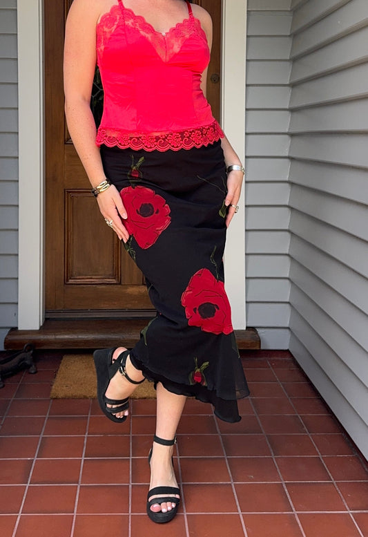 Red Floral Maxi Skirt | Size 10