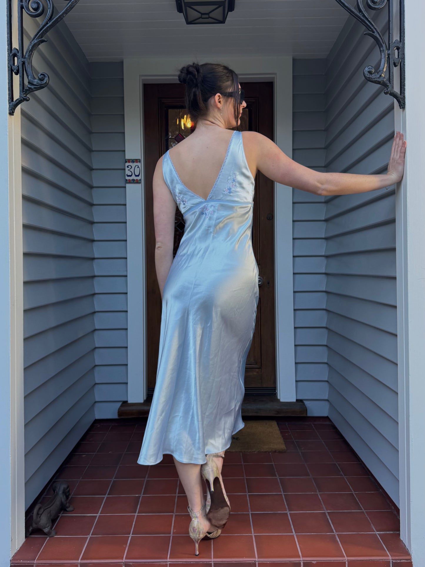 Vintage Blue Embroidered Slip Dress | Size S