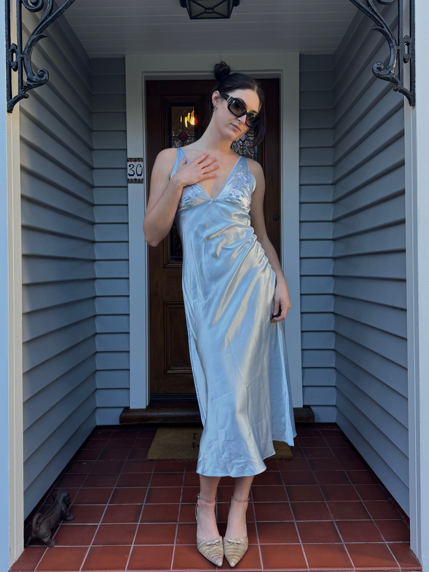 Vintage Blue Embroidered Slip Dress | Size S
