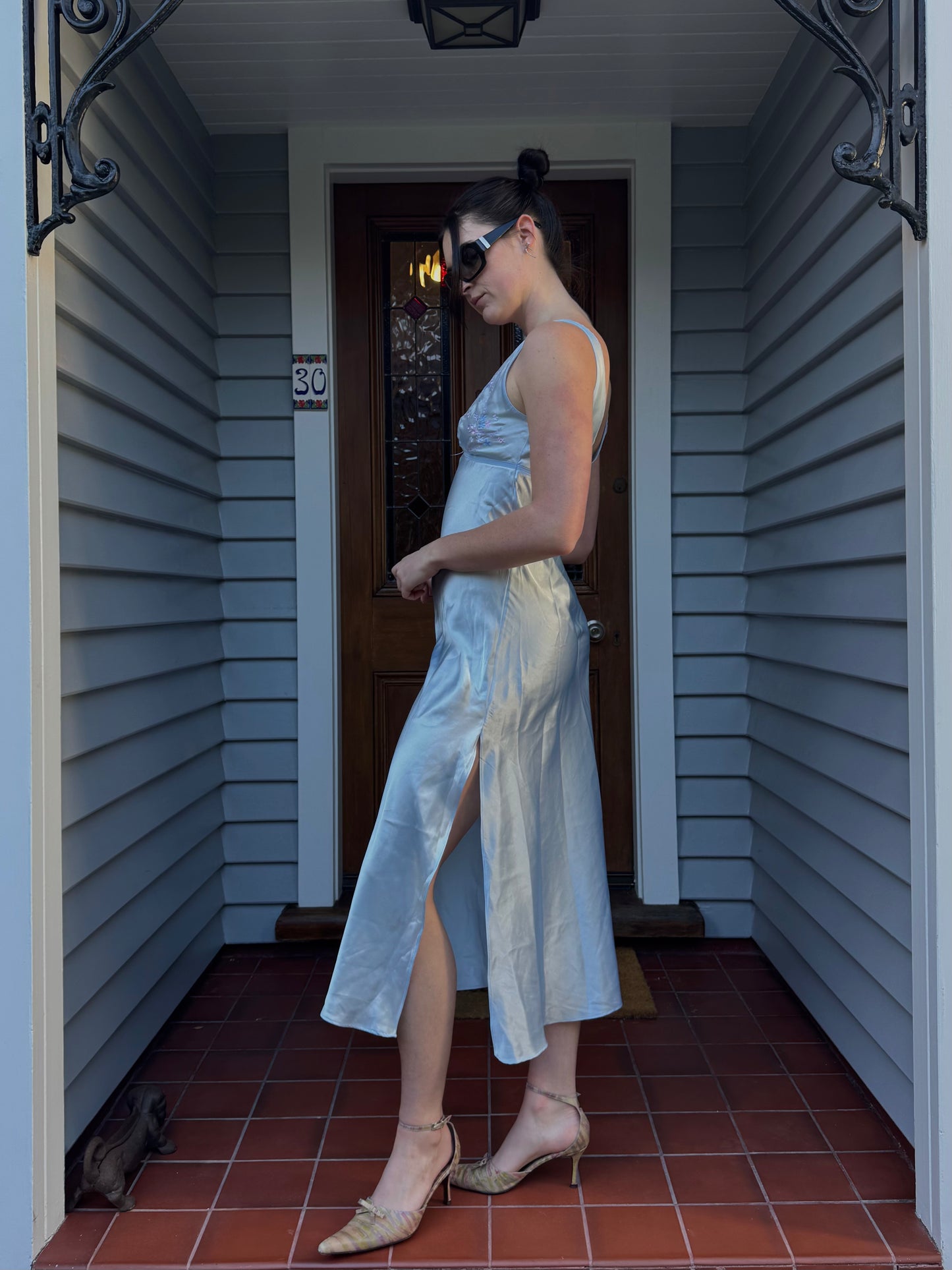 Vintage Blue Embroidered Slip Dress | Size S