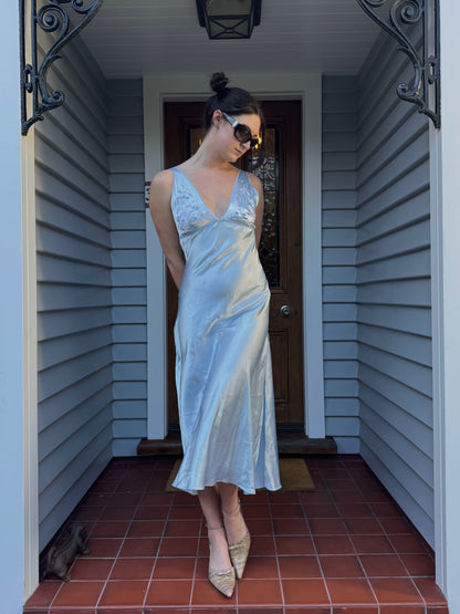 Vintage Blue Embroidered Slip Dress | Size S
