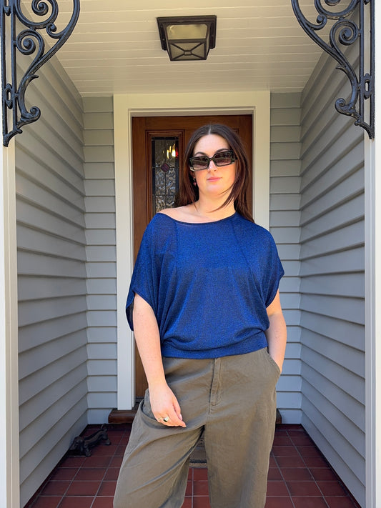 Blue Sparkly Bat-Wing Top | Size M