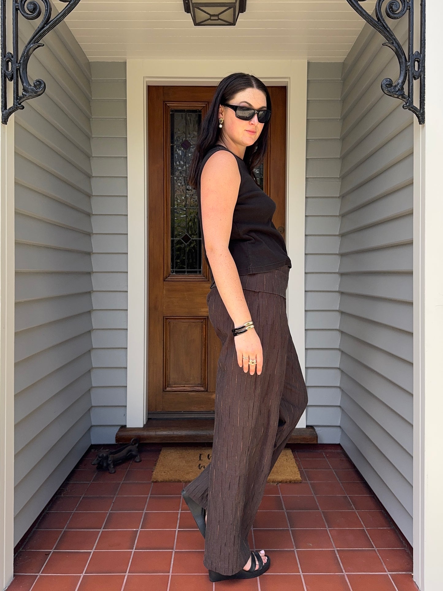 Brown Striped Fold-Over Pants | Size 12-14