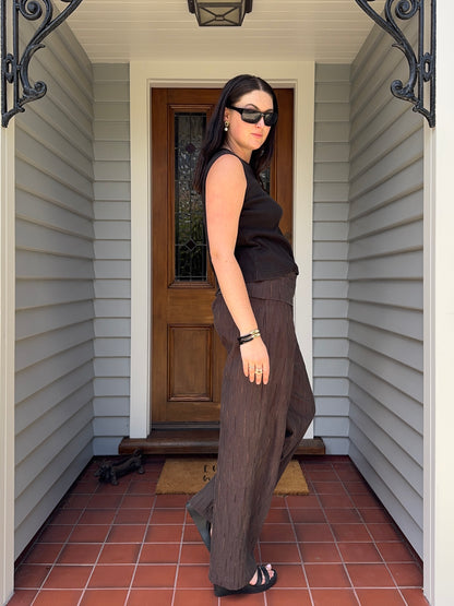 Brown Striped Fold-Over Pants | Size 12-14