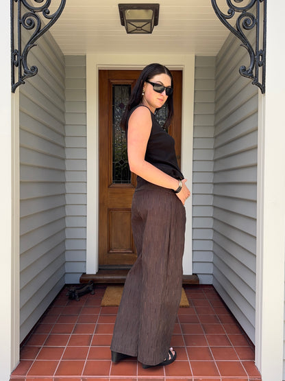 Brown Striped Fold-Over Pants | Size 12-14