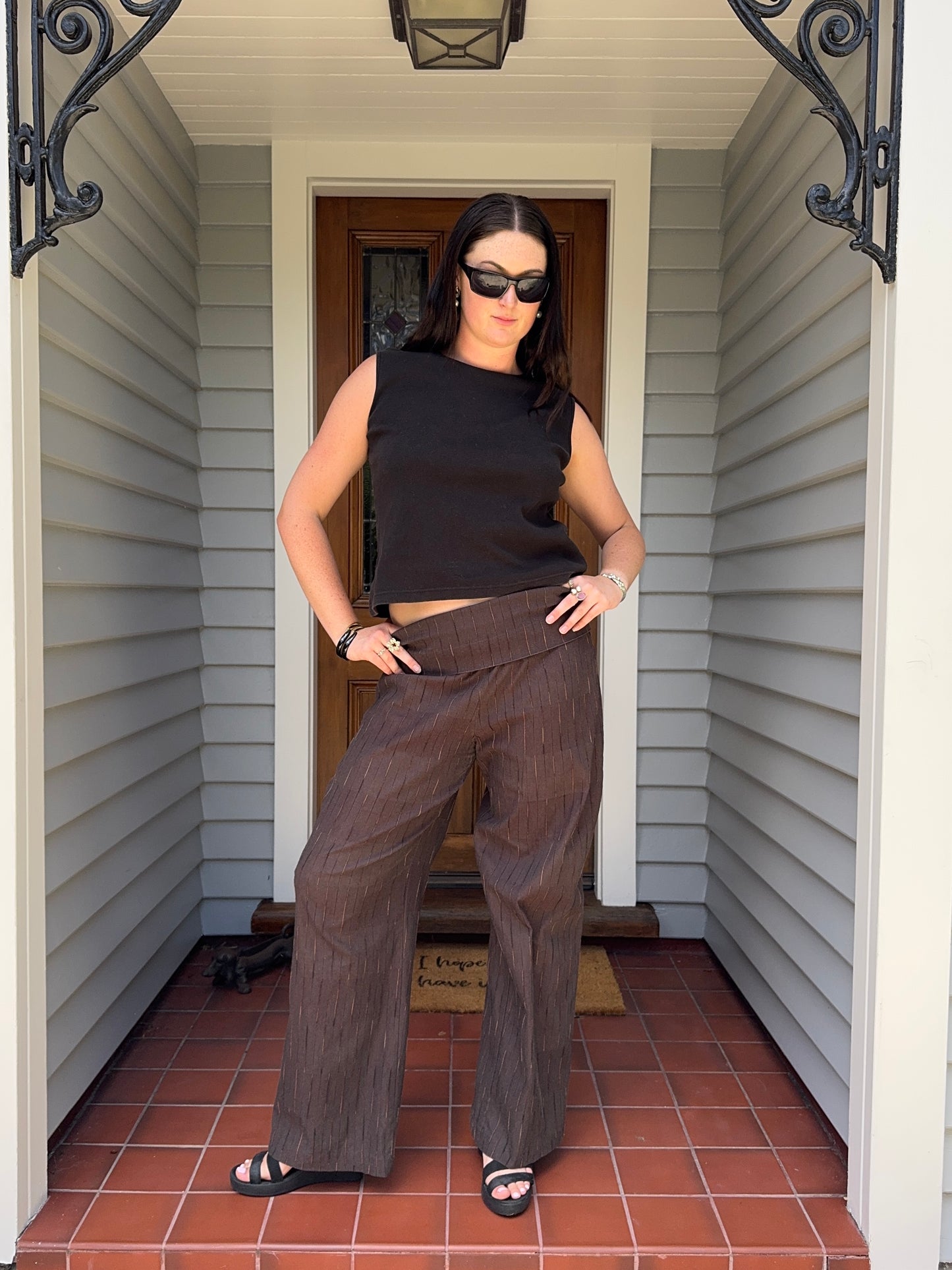 Brown Striped Fold-Over Pants | Size 12-14