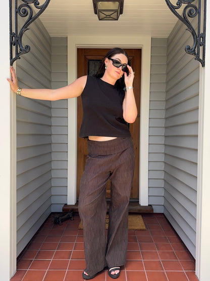 Brown Striped Fold-Over Pants | Size 12-14