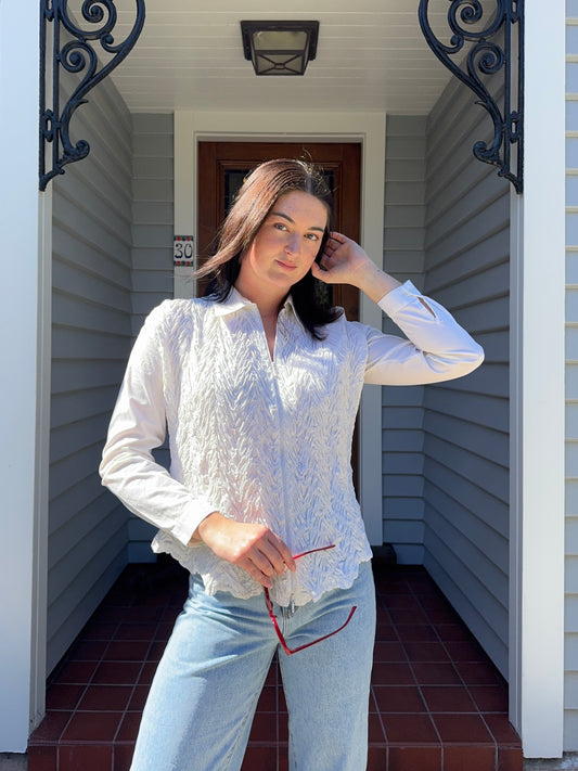 White Funky Zip Up Blouse | Size 12-14