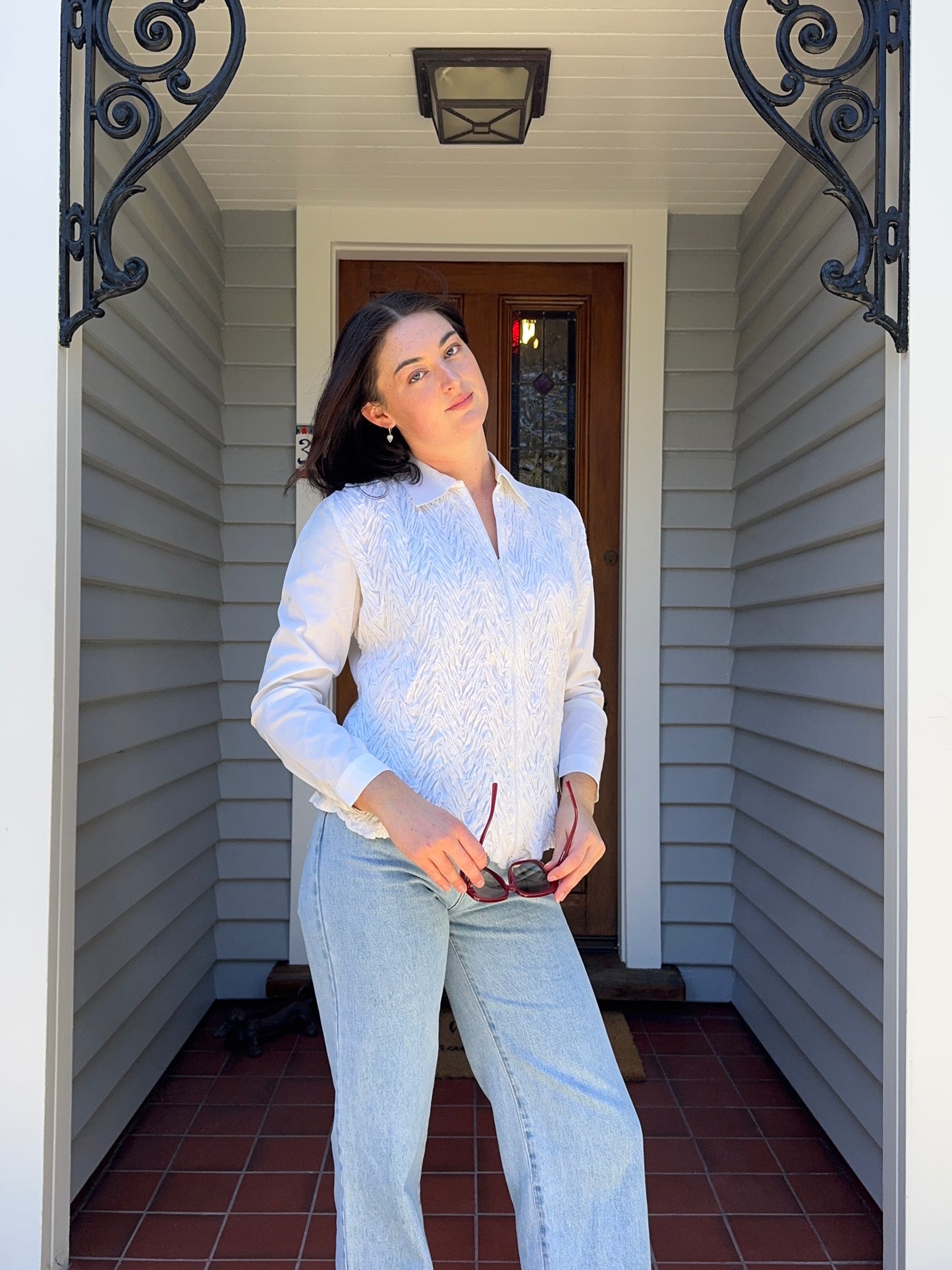 White Funky Zip Up Blouse | Size 12-14