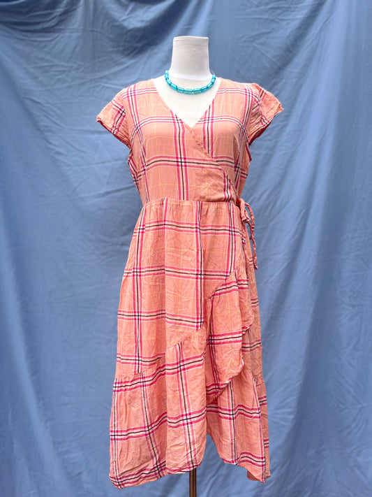 Tiered Wrap Plaid Midi Dress | Size M