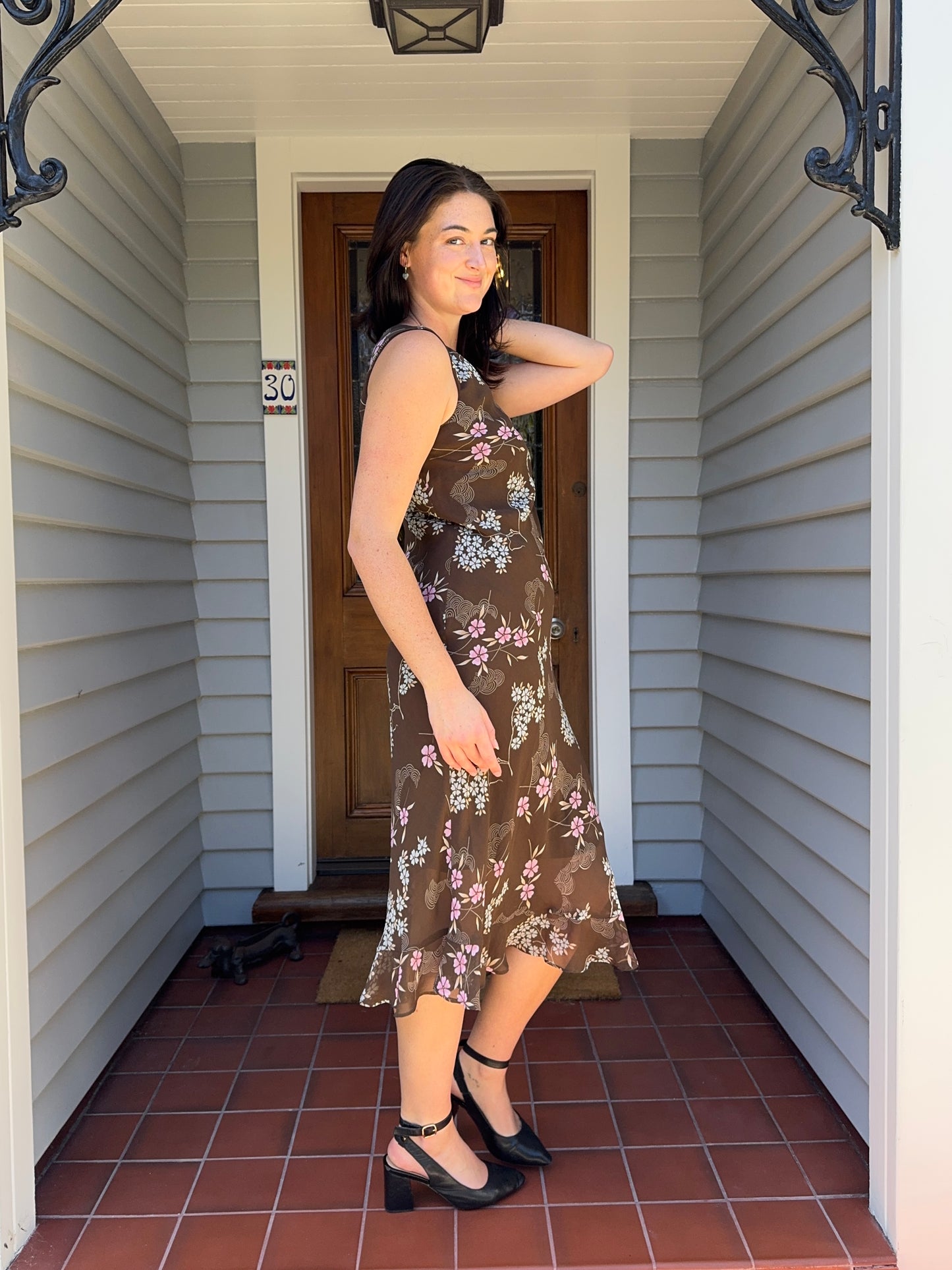 Brown Floral Midi Dress | Size 12