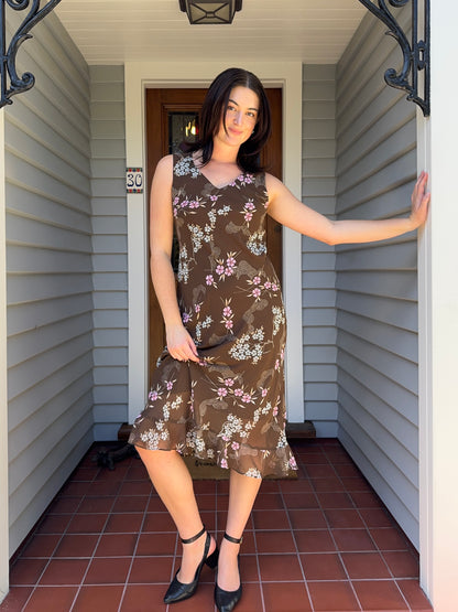 Brown Floral Midi Dress | Size 12