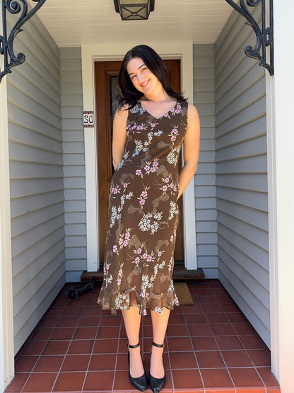Brown Floral Midi Dress | Size 12