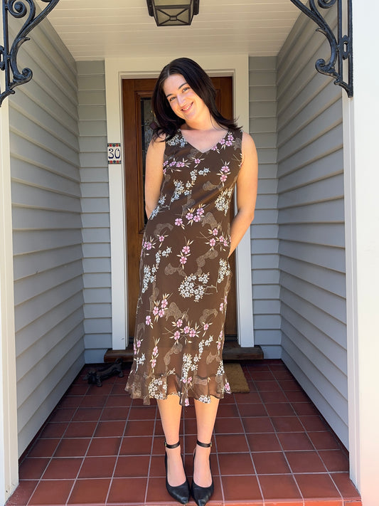 Brown Floral Midi Dress | Size 12