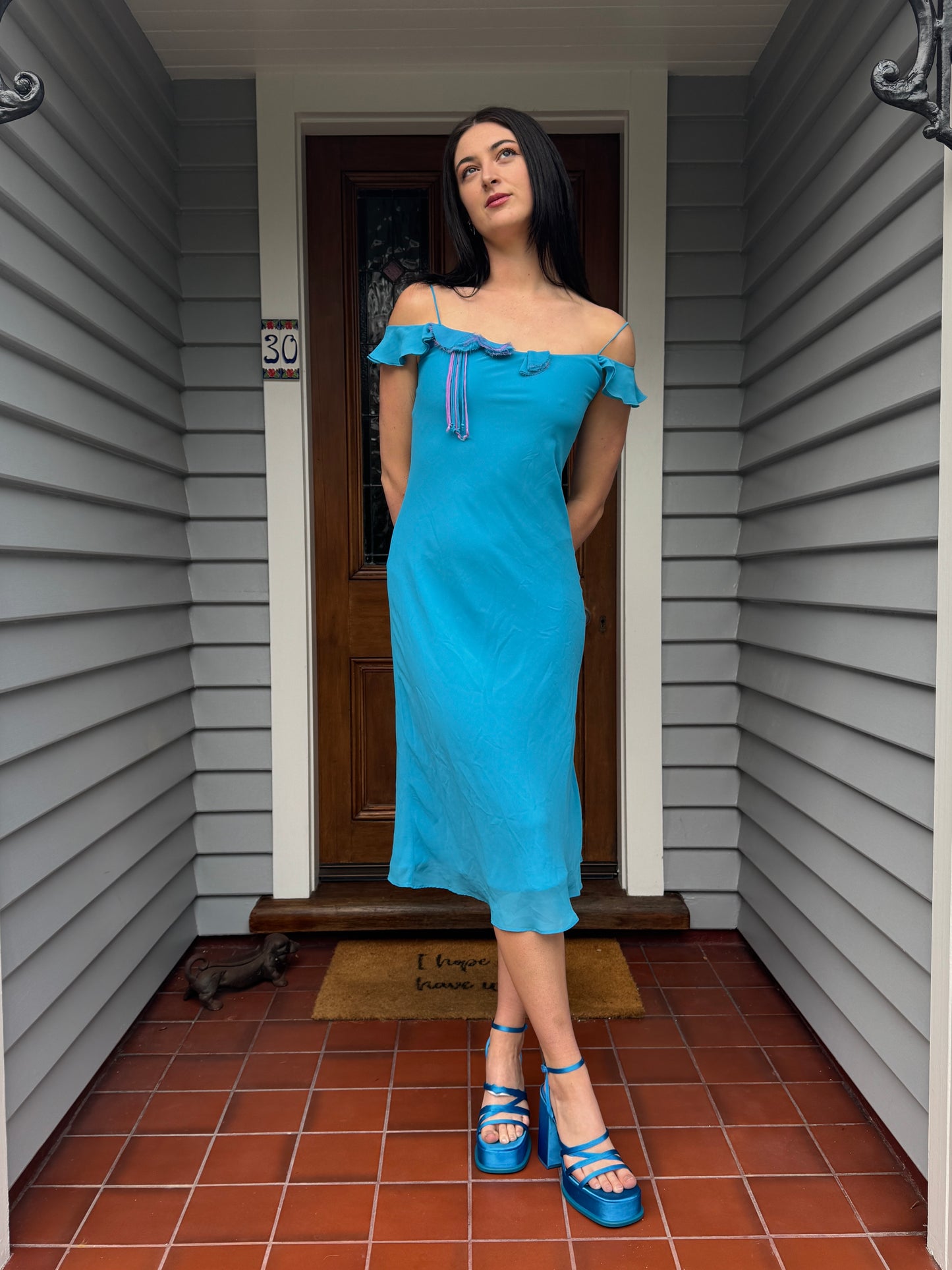 Blue + Pink Vintage Midi Dress | Size 8