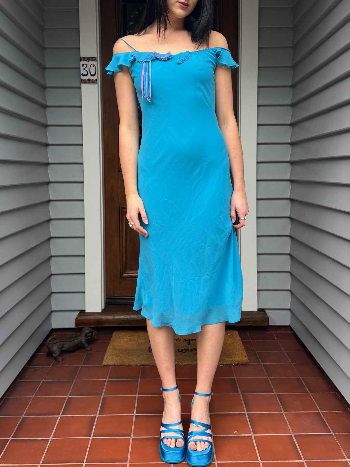 Blue + Pink Vintage Midi Dress | Size 8