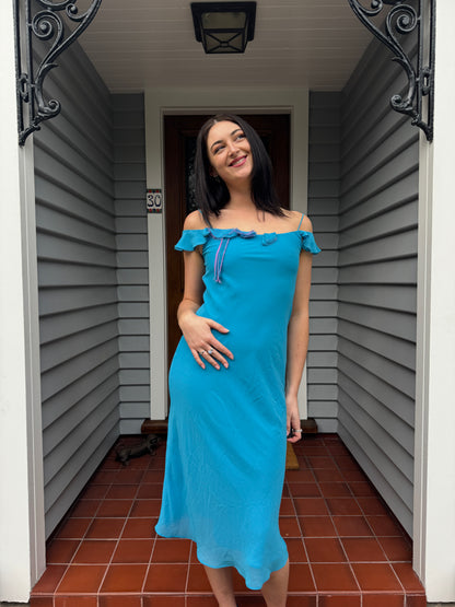 Blue + Pink Vintage Midi Dress | Size 8