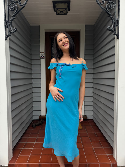 Blue + Pink Vintage Midi Dress | Size 8