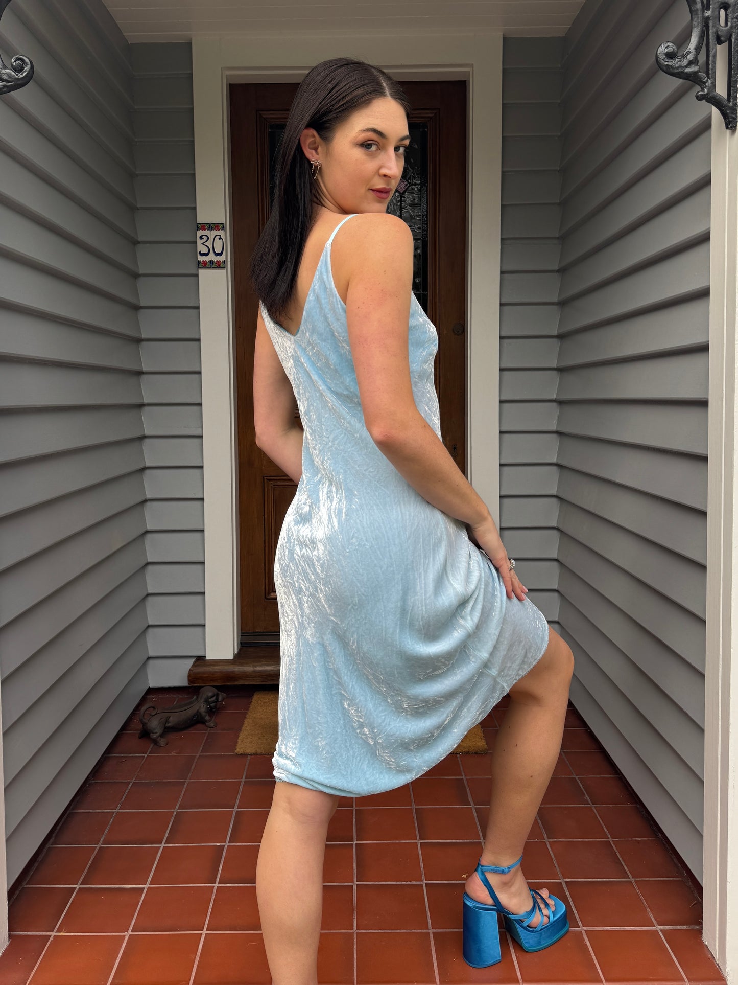Vintage Blue Velvet Midi Dress | Size 8-10