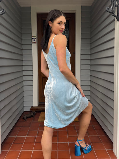 Vintage Blue Velvet Midi Dress | Size 8-10