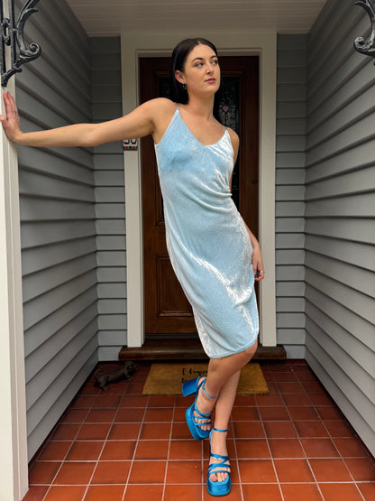 Vintage Blue Velvet Midi Dress | Size 8-10