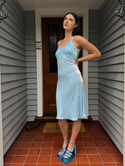 Vintage Blue Velvet Midi Dress | Size 8-10