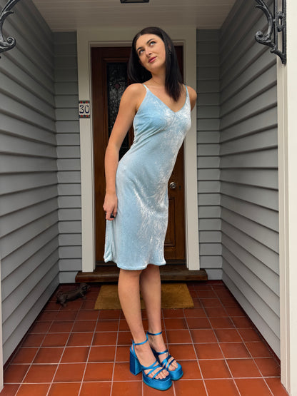 Vintage Blue Velvet Midi Dress | Size 8-10