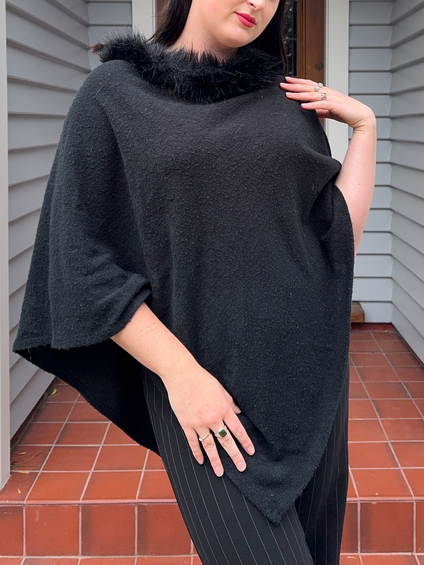 Black Poncho with fur trim