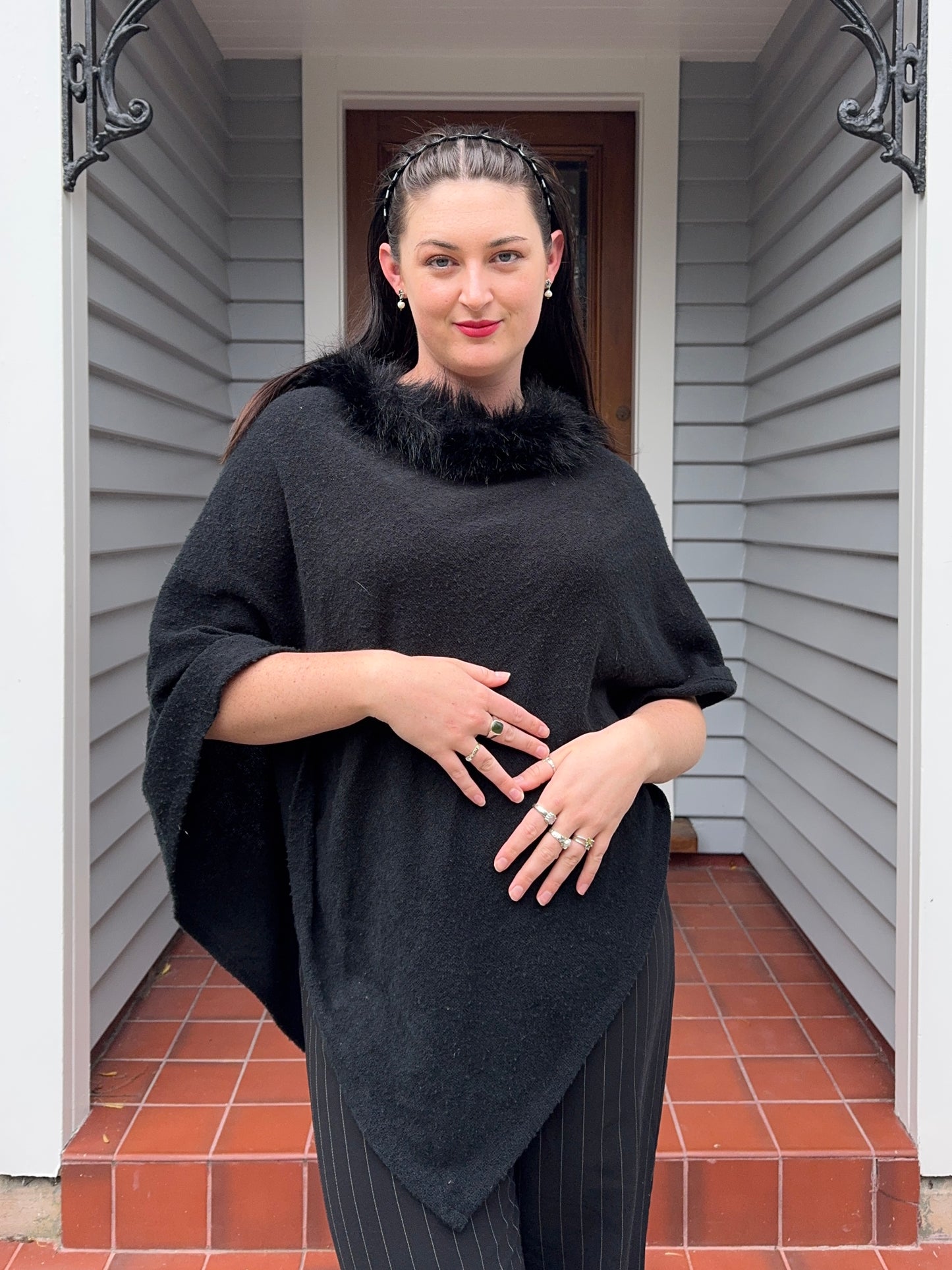 Black Poncho with fur trim