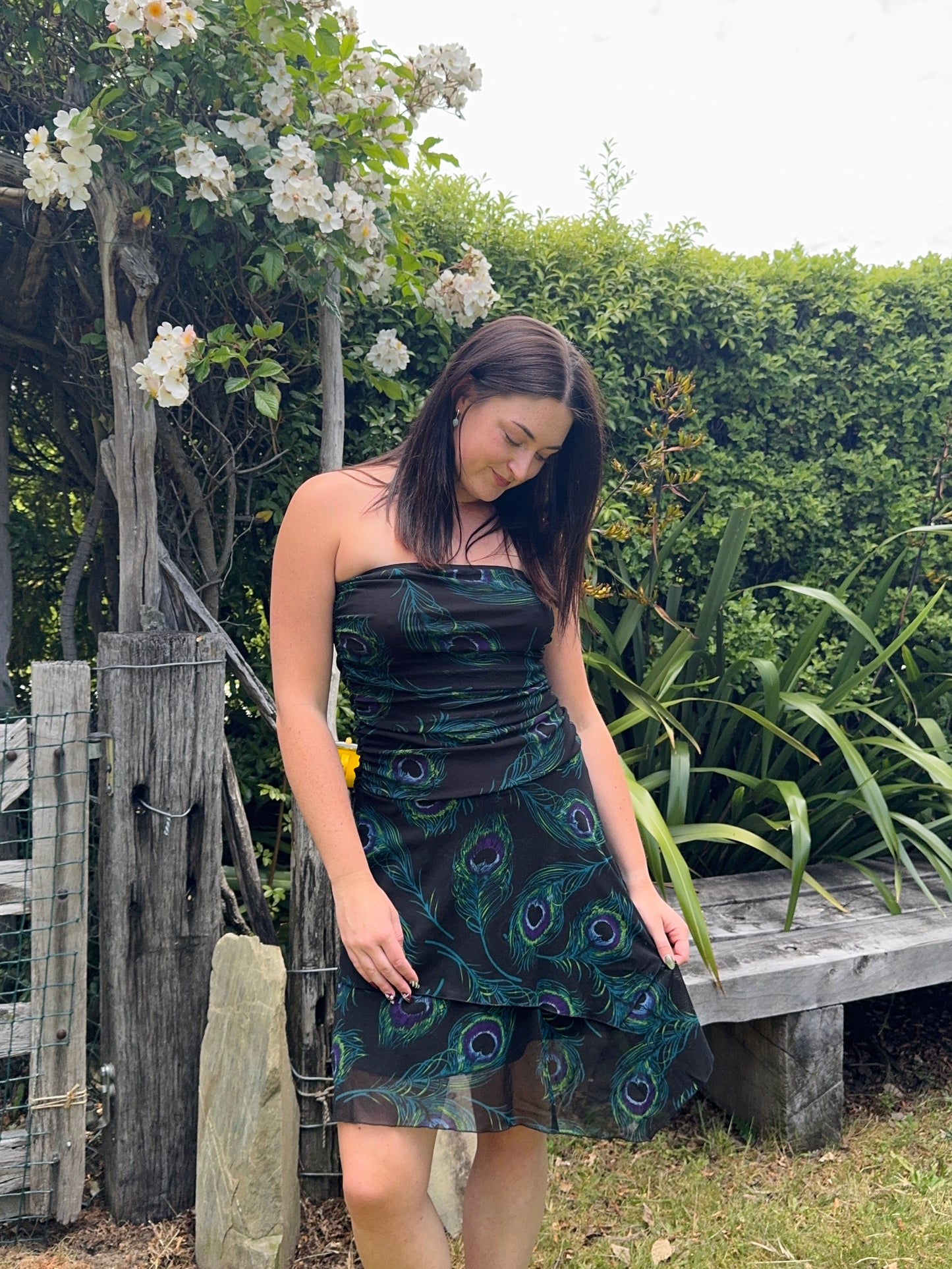 Peacock Strapless Mini Dress | Size 12