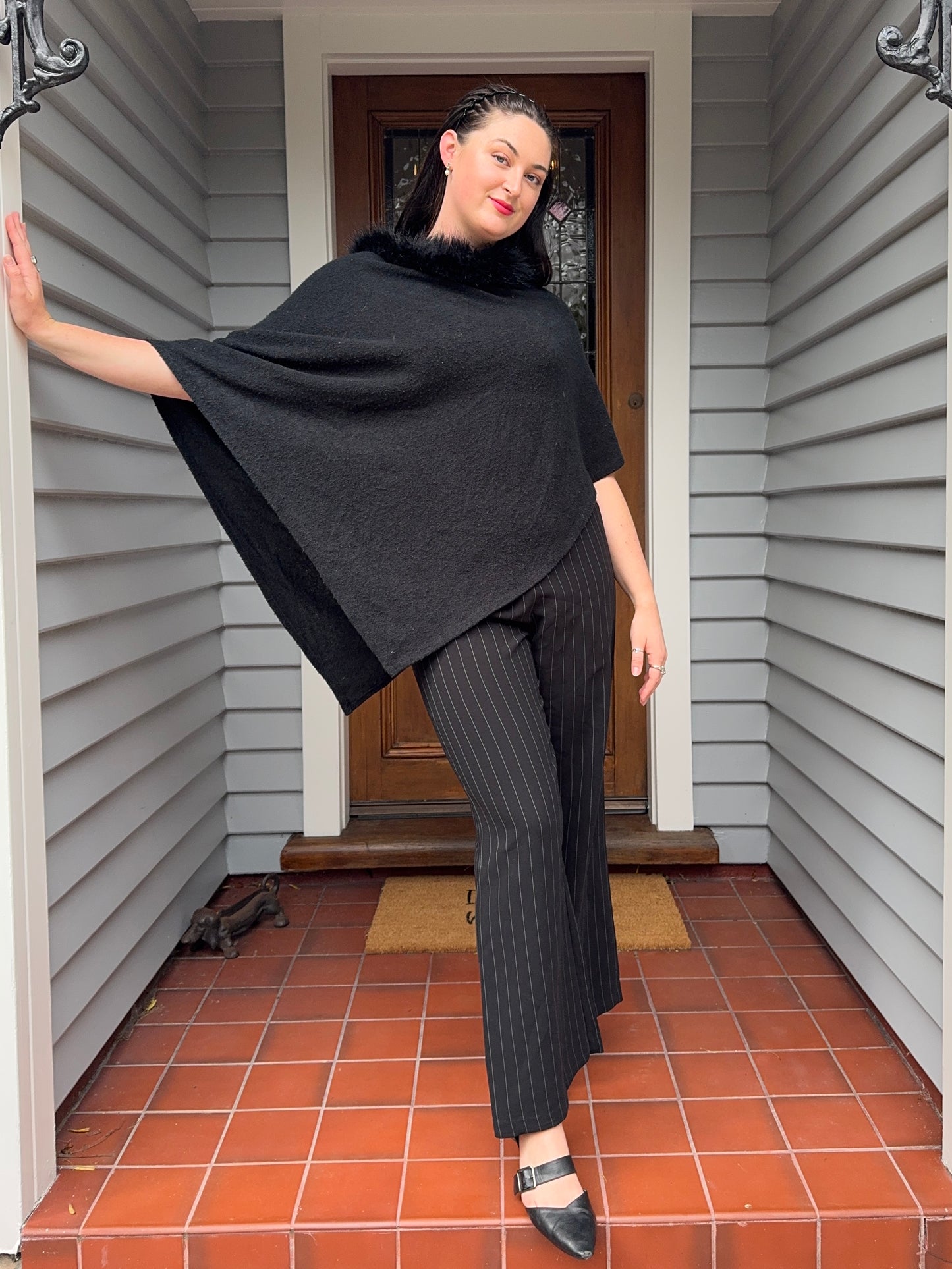 Black Poncho with fur trim