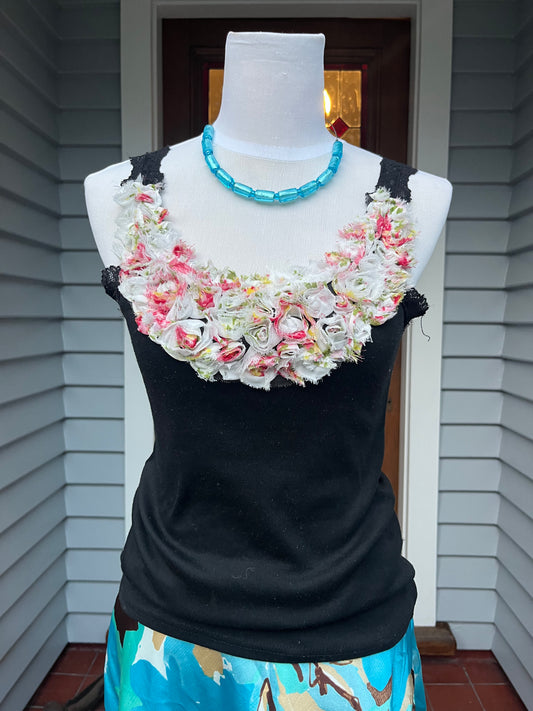 Black Lace Singlet with Floral Bust | Size S