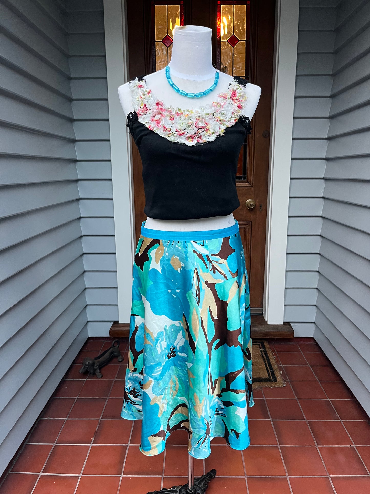Blue/Brown Floral Midi Skirt | Size 10