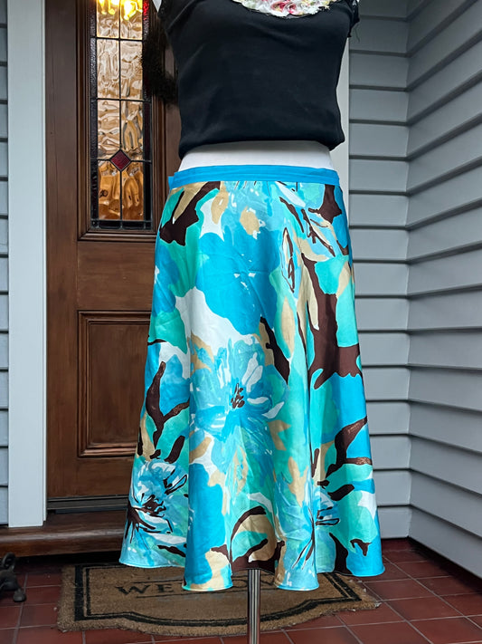 Blue/Brown Floral Midi Skirt | Size 10