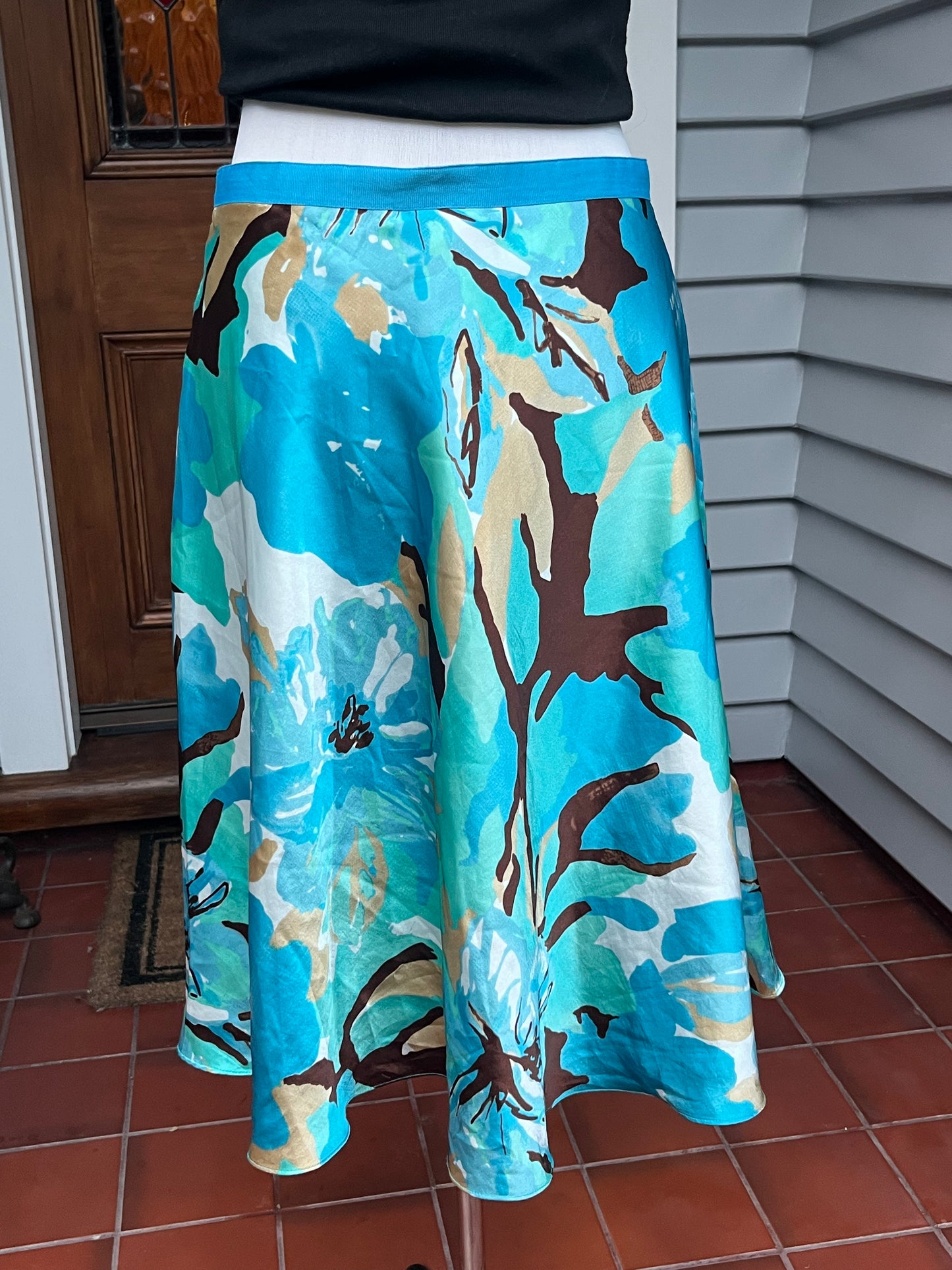 Blue/Brown Floral Midi Skirt | Size 10