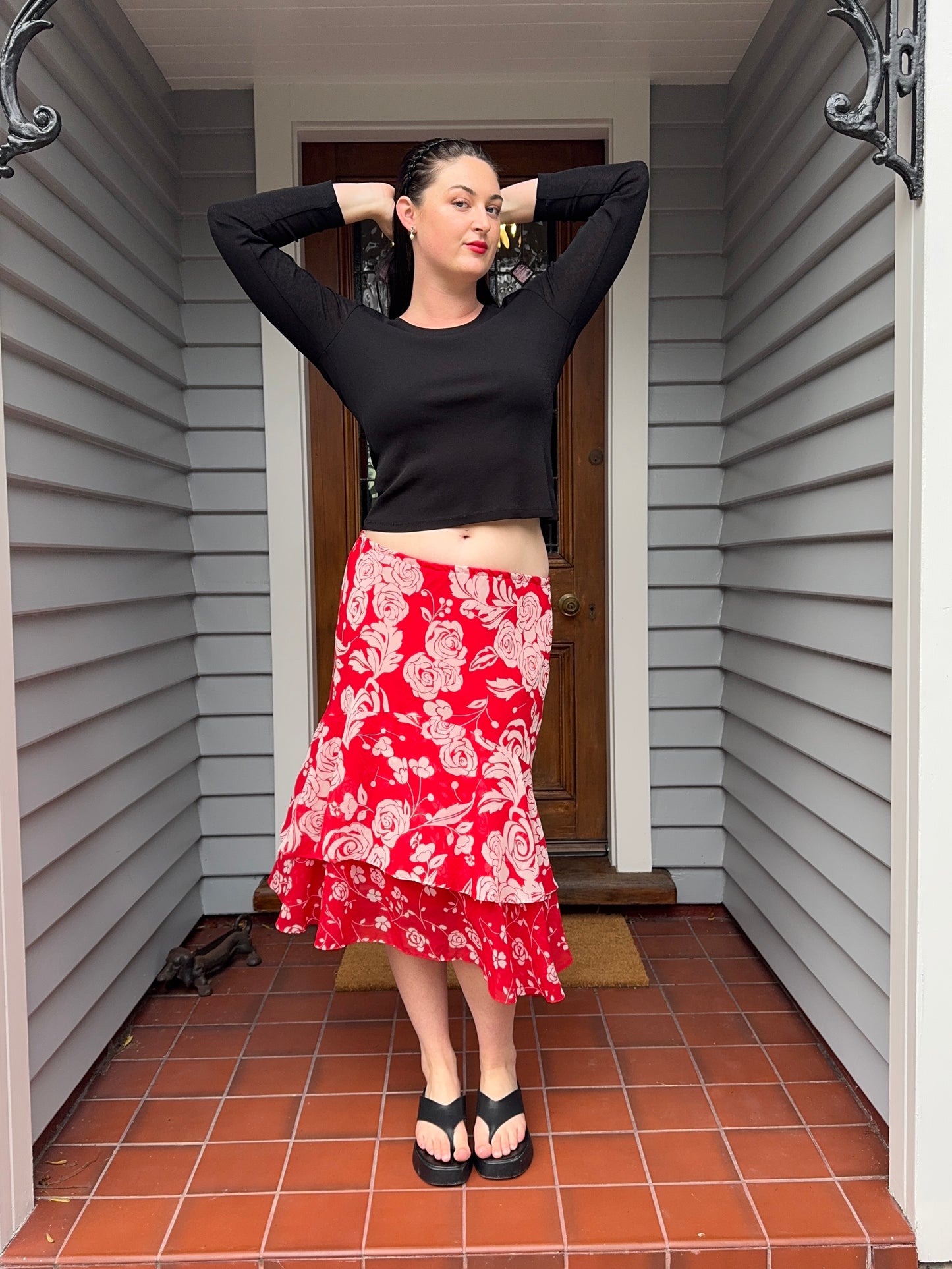 Red + White Floral Midi Skirt | Size 10-12