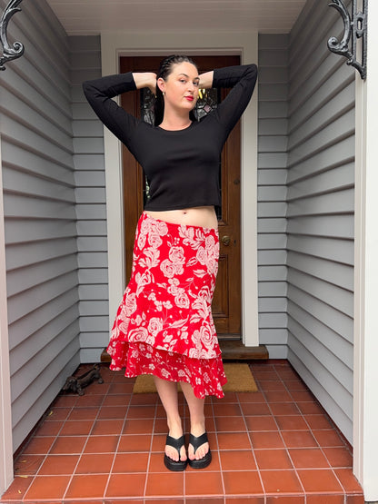 Red + White Floral Midi Skirt | Size 10-12