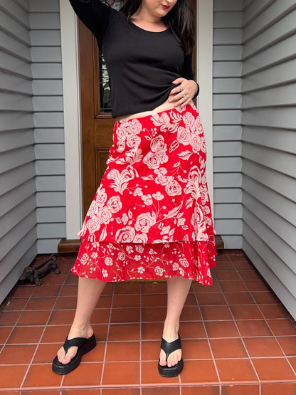 Red + White Floral Midi Skirt | Size 10-12