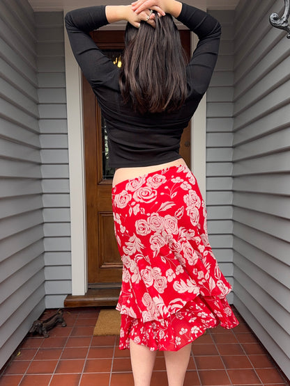 Red + White Floral Midi Skirt | Size 10-12